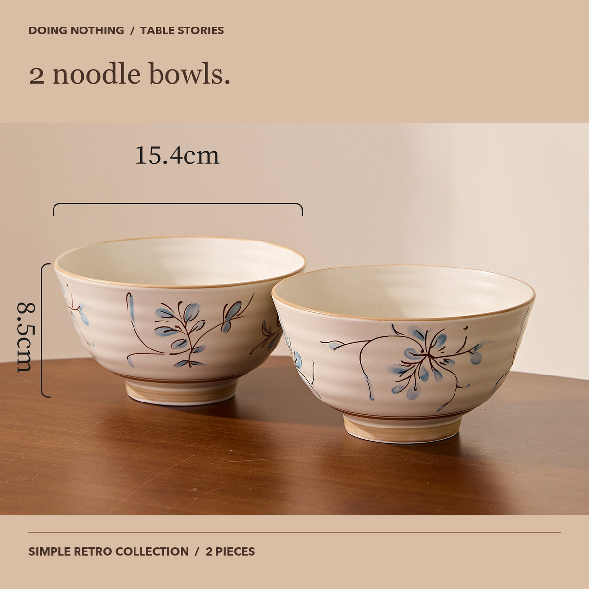 Two Simple Retro noodle bowls on a wooden table; each bowl is 15.4 cm across and 8.5 cm tall.