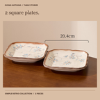 Two Simple Retro square plates on a wooden table; each plate is 20.4 cm across.