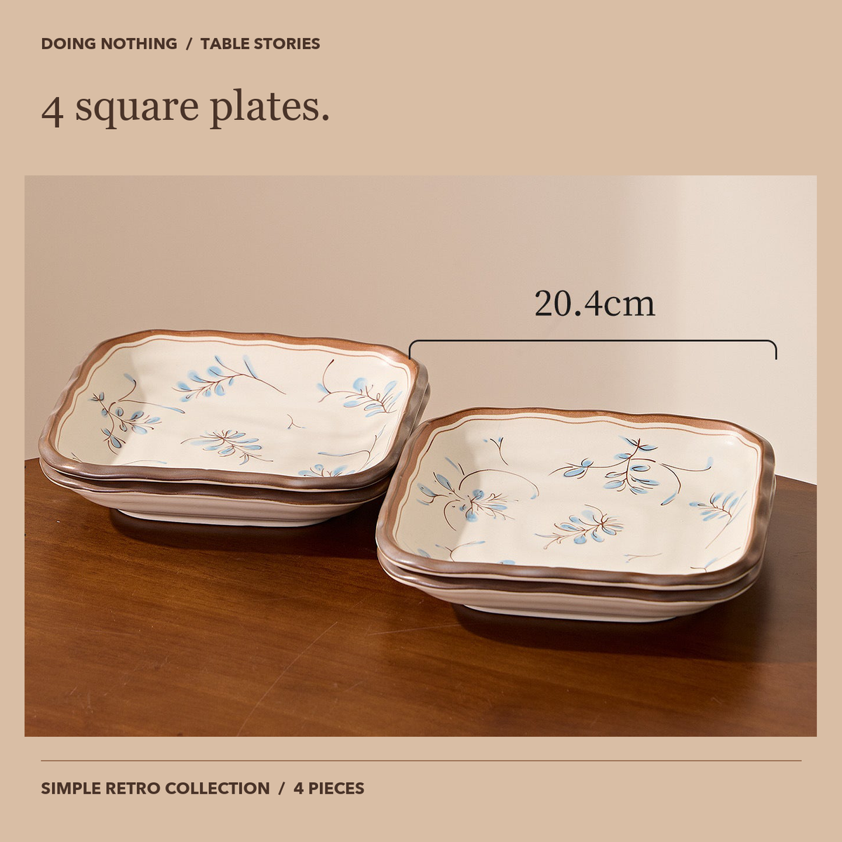 Four Simple Retro square plates on a wooden table; each plate is 20.4 cm across.