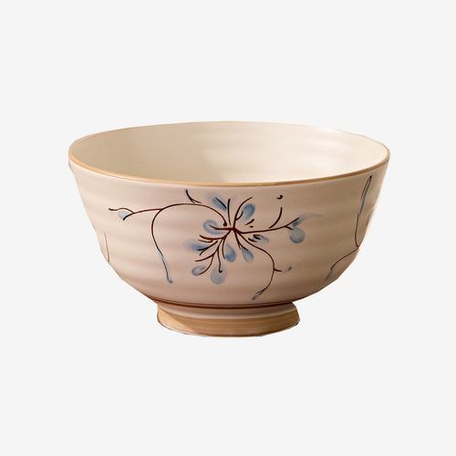 6inch noodle bowl-1 piece, cream glazed with a hand-painted blue and brown sprig.