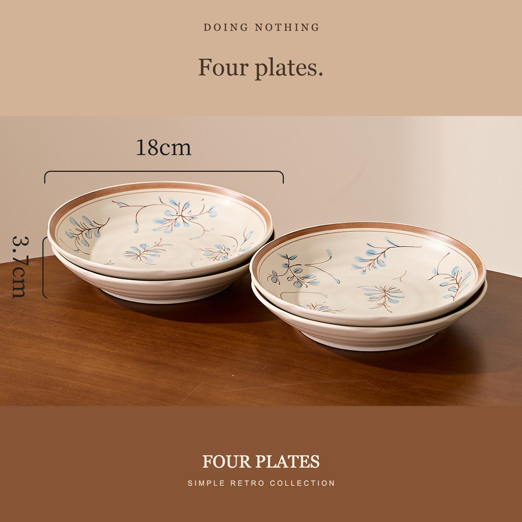 Four Simple Retro 7 in plates in two stacks, 18 cm across and 3.7 cm tall.
