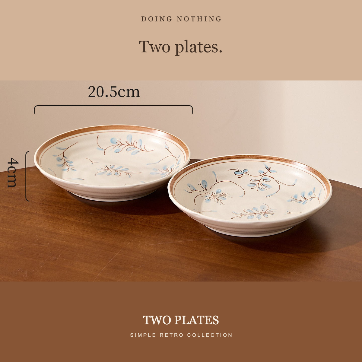 Two Simple Retro 8 in plates on a wooden table, 20.5 cm across and 4 cm tall.