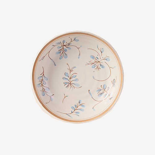 8inch rice plate-1 piece, cream glazed with a hand-painted blue and brown sprig.