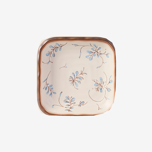 8.5inch square plate-1 piece, cream glazed with a hand-painted blue and brown sprig.