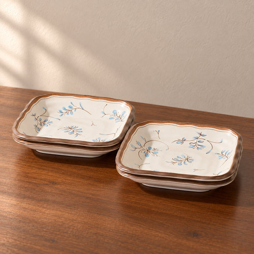 8.5inch square plate-4 pieces, cream glazed with a hand-painted blue and brown sprig.