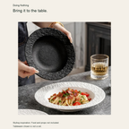 Rock Texture black and white pasta bowls on a table, styling inspiration