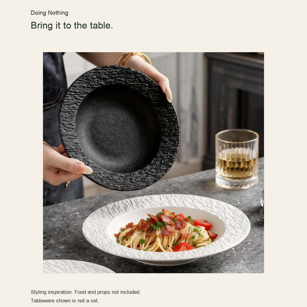 Rock Texture black and white pasta bowls on a table, styling inspiration