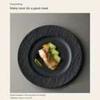 Rock Texture black plate with a fish dinner, styling inspiration