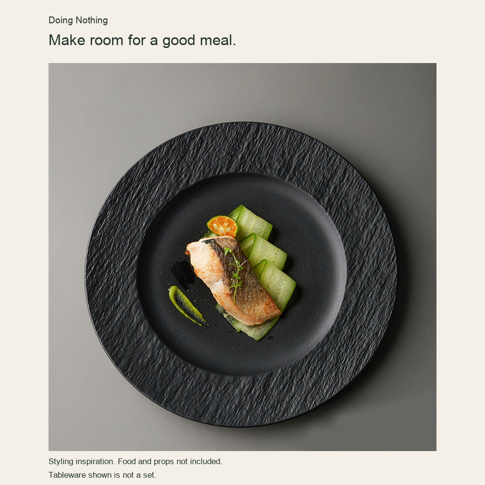 Rock Texture black plate with a fish dinner, styling inspiration