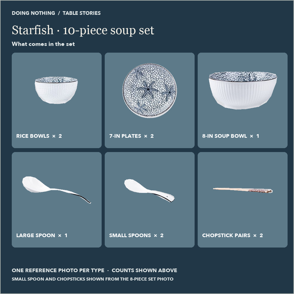 Starfish 10-piece soup set: 2 rice bowls, 2 7 in plates, 1 soup bowl, 1 large spoon, 2 small spoons, 2 pairs of chopsticks.