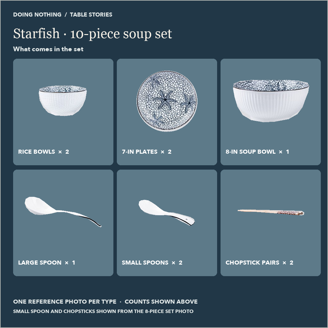 Starfish 10-piece soup set: 2 rice bowls, 2 7 in plates, 1 soup bowl, 1 large spoon, 2 small spoons, 2 pairs of chopsticks.