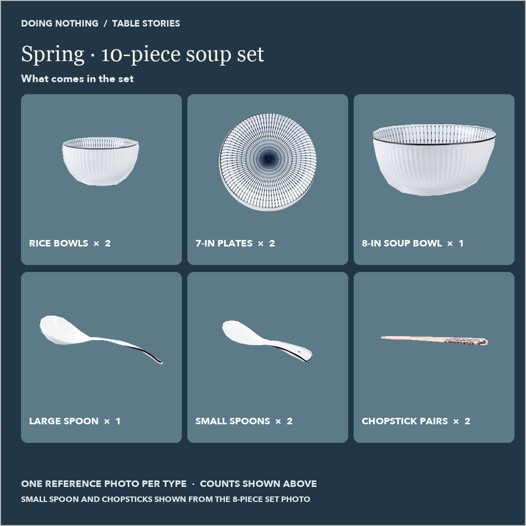 Spring 10-piece soup set: 2 rice bowls, 2 7 in plates, 1 soup bowl, 1 large spoon, 2 small spoons, 2 pairs of chopsticks.