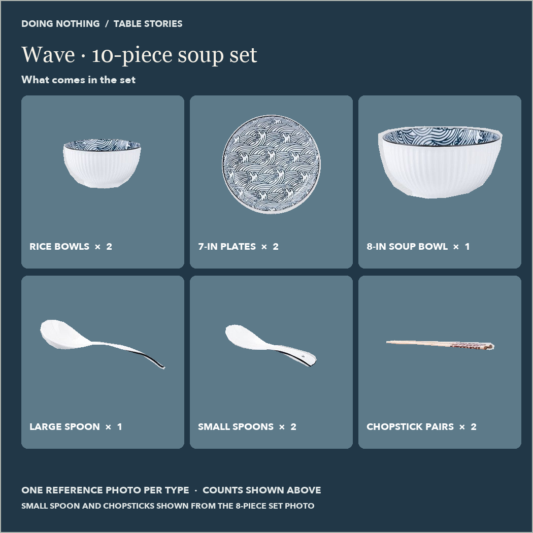 Wave 10-piece soup set: 2 rice bowls, 2 7 in plates, 1 soup bowl, 1 large spoon, 2 small spoons, 2 pairs of chopsticks.