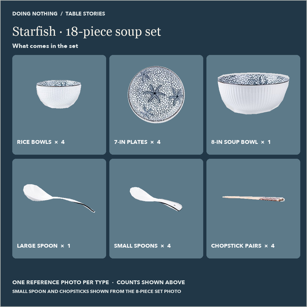 Starfish 18-piece soup set: 4 rice bowls, 4 7 in plates, 1 soup bowl, 1 large spoon, 4 small spoons, 4 pairs of chopsticks.