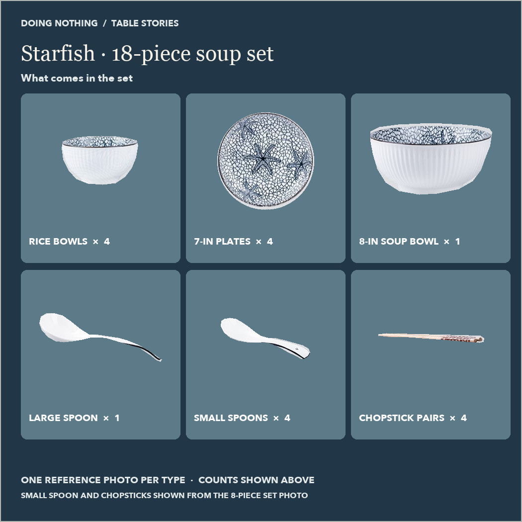 Starfish 18-piece soup set: 4 rice bowls, 4 7 in plates, 1 soup bowl, 1 large spoon, 4 small spoons, 4 pairs of chopsticks.