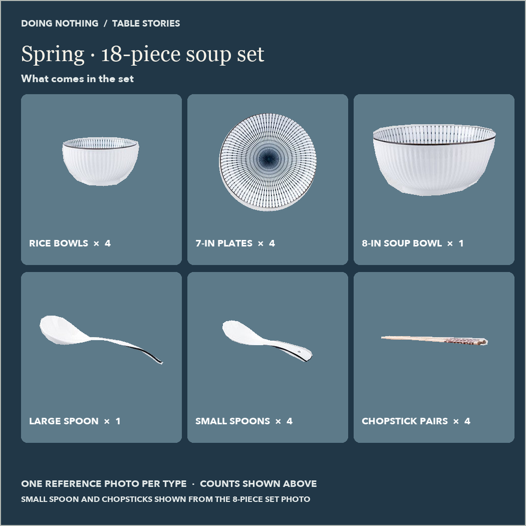 Spring 18-piece soup set: 4 rice bowls, 4 7 in plates, 1 soup bowl, 1 large spoon, 4 small spoons, 4 pairs of chopsticks.