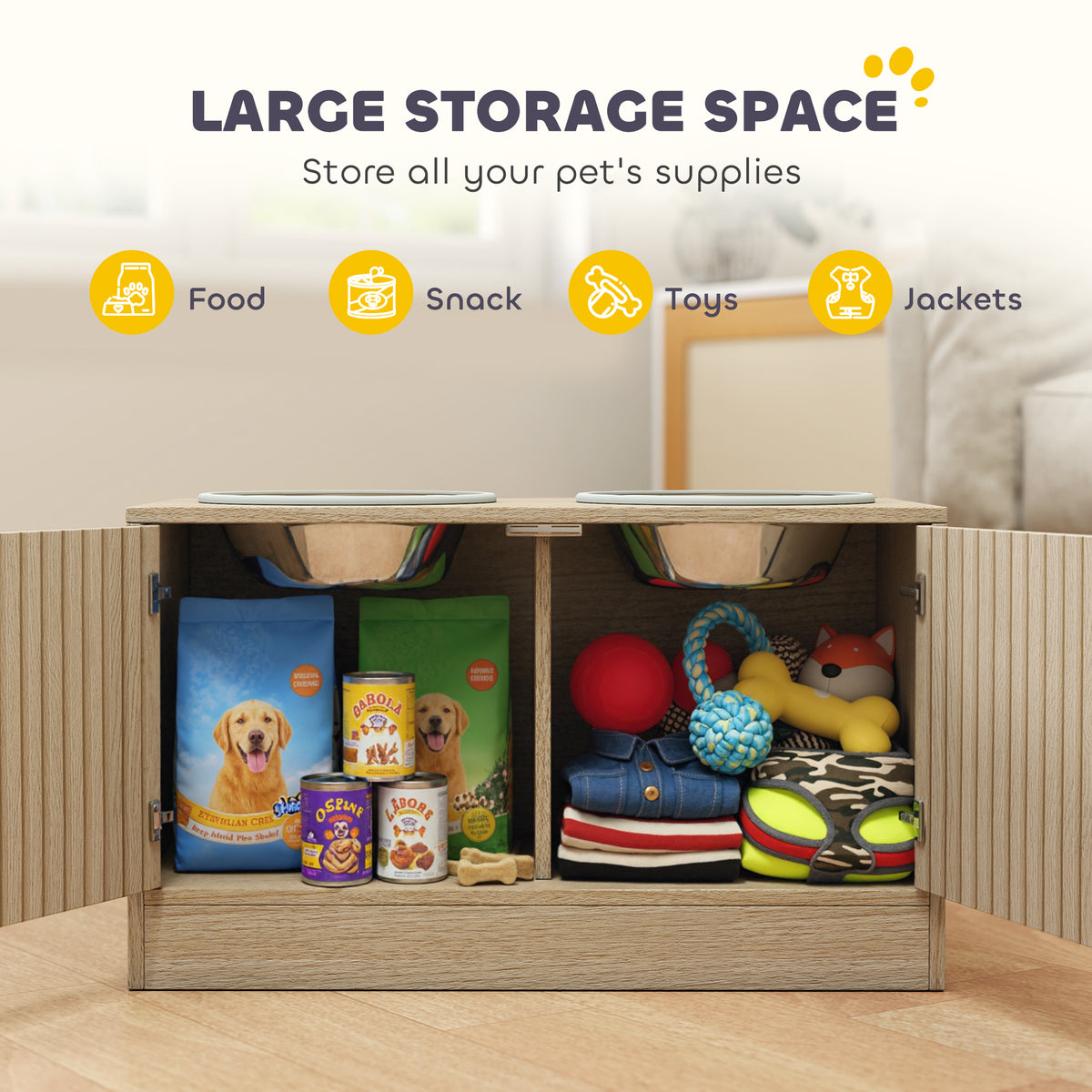 Cabinet doors open showing food bags, treats and toys stored inside