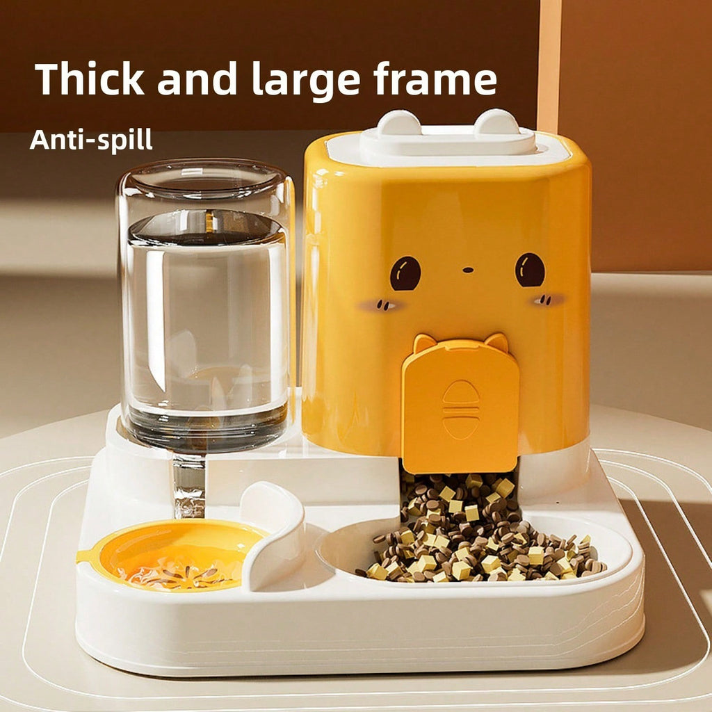 Yellow feeder on a tray with kibble in the bowl and water in the dish, showing the raised frame around the base; yellow is not sold here