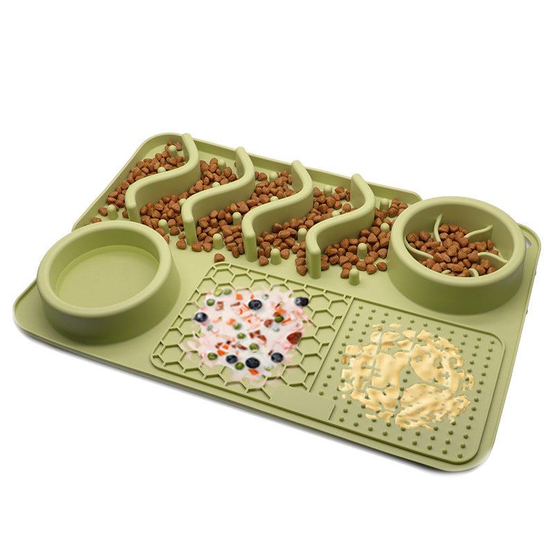 Large tray in Light Green with kibble in the four S-shaped channels and the round and square wells filled
