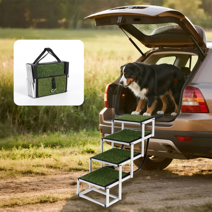 Bernese mountain dog stepping out of an SUV onto green turf folding dog stairs