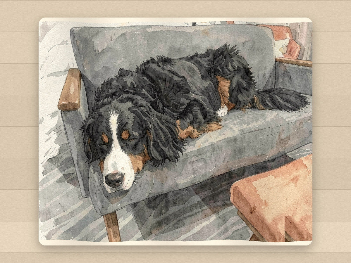 The full blanket laid flat: a black, white and rust Bernese Mountain Dog napping on a grey armchair beside an orange ottoman, in watercolor