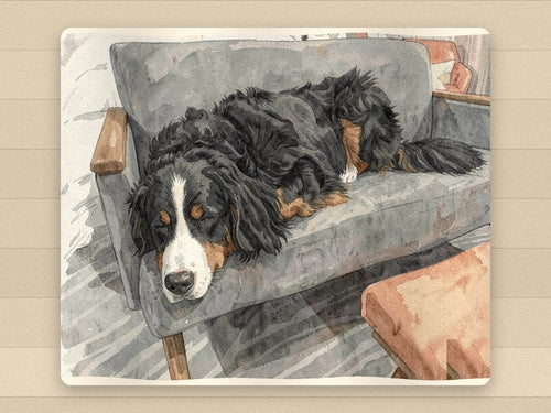 The full blanket laid flat: a black, white and rust Bernese Mountain Dog napping on a grey armchair beside an orange ottoman, in watercolor
