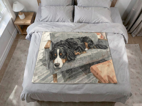 Fleece throw printed with a watercolor Bernese Mountain Dog asleep on a grey armchair, spread over a grey bed