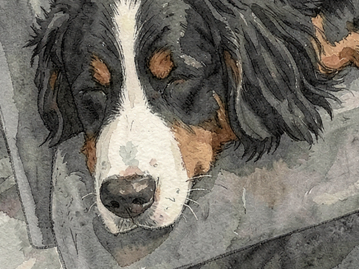 Close-up of the printed watercolor: the dog’s white muzzle, rust eyebrow spots and long wavy black fur