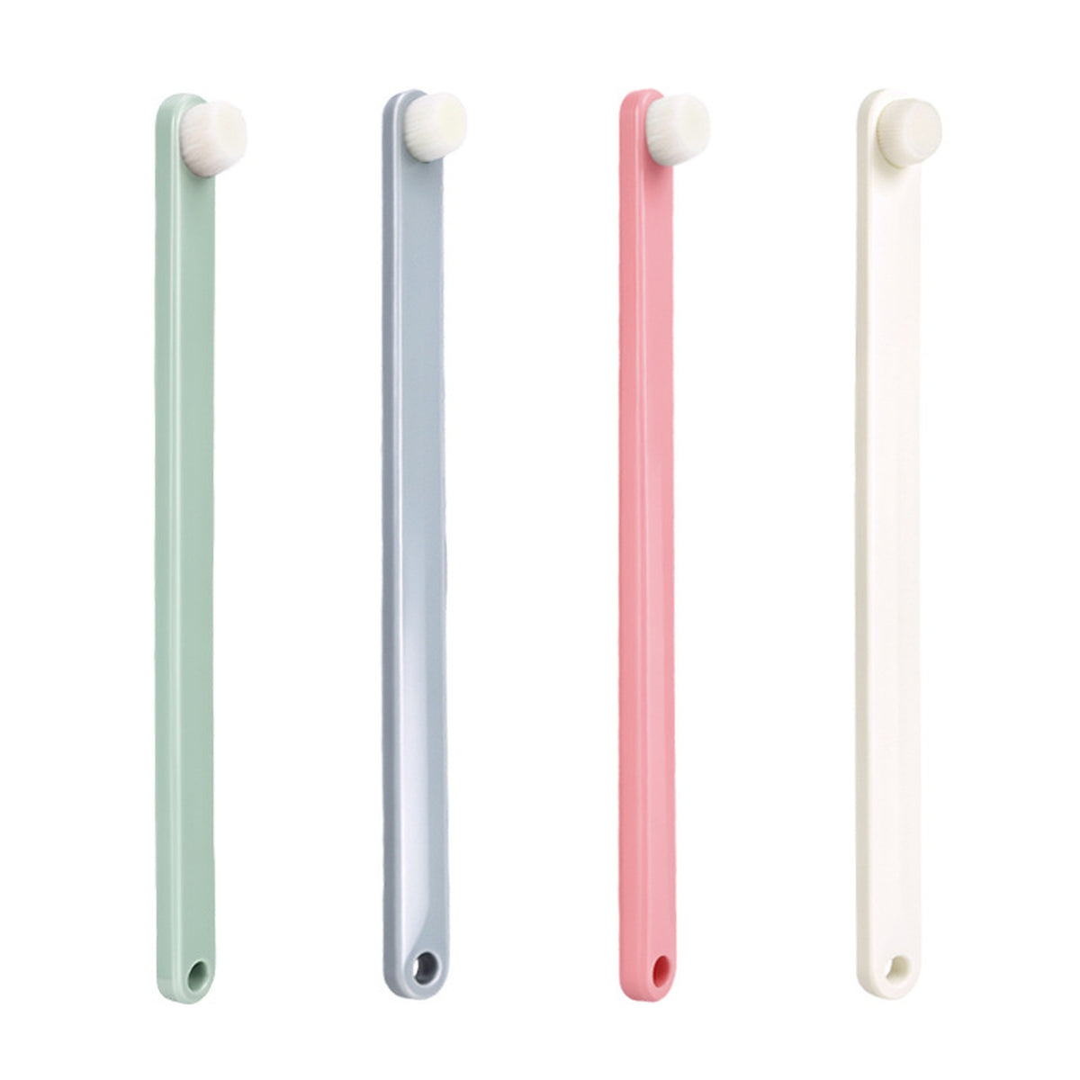 The four colours side by side: sage green, grey-blue, pink and white. Colour examples, not a four-pack
