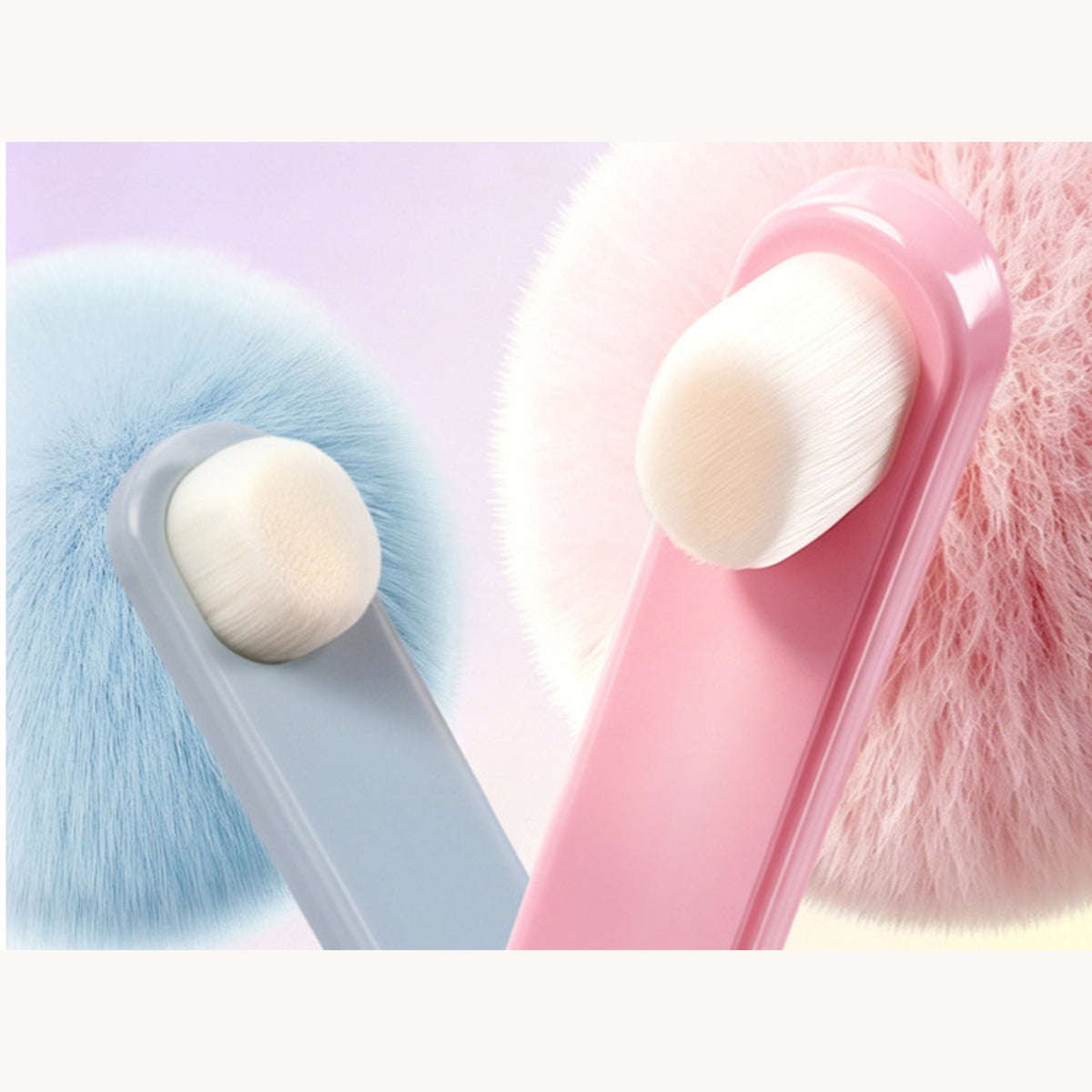 The small round toothbrush heads against fur, blue and pink handles