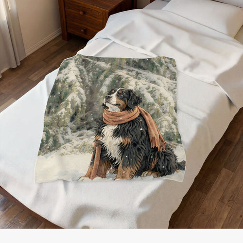 Custom velveteen plush blanket printed with a painted illustration of Waffle, our Bernese Mountain Dog, in an orange scarf, spread over a made bed (sample illustration, edited photo)