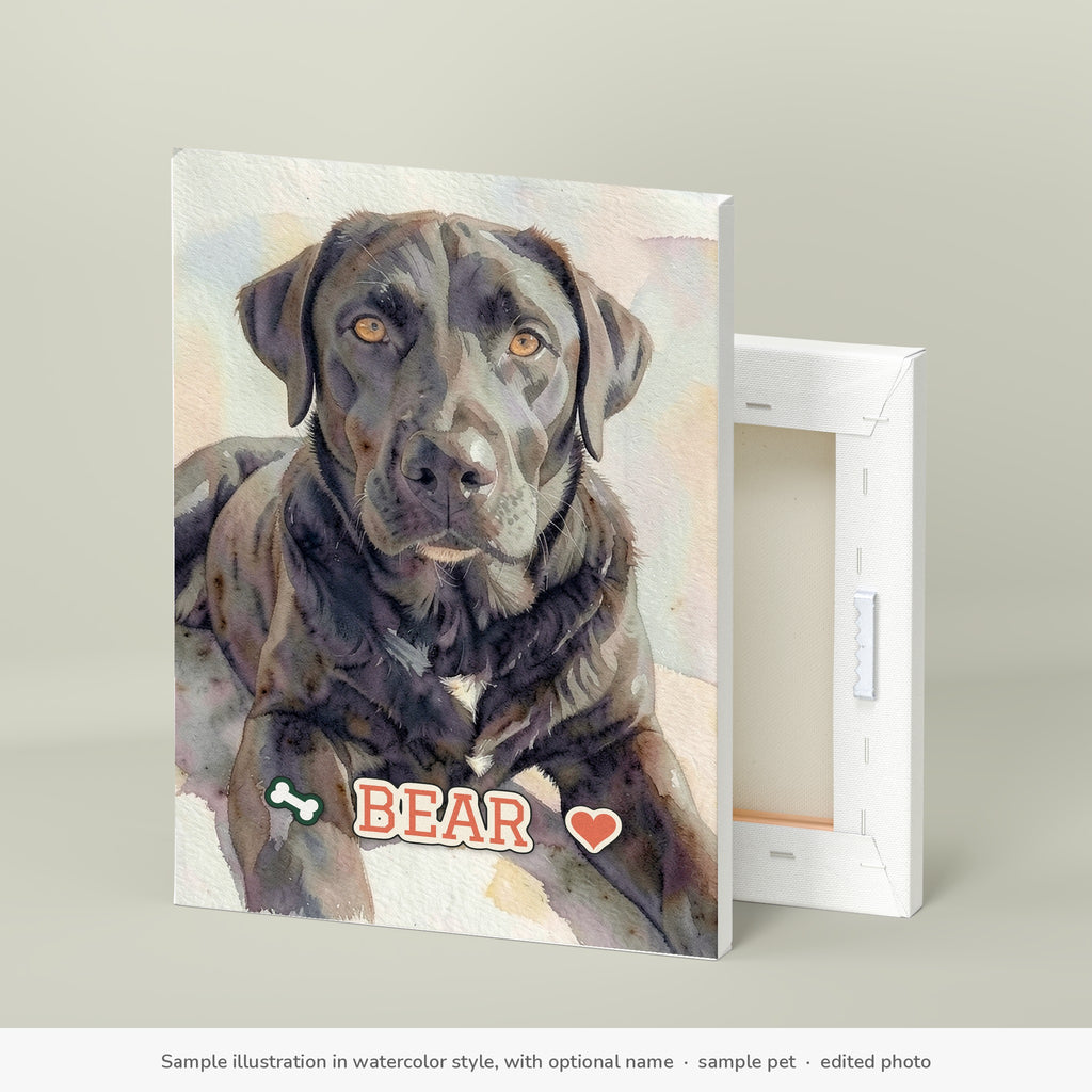 Sample illustration in watercolor style with the optional name: a black Labrador named BEAR on the 8 × 12 in canvas (edited photo)