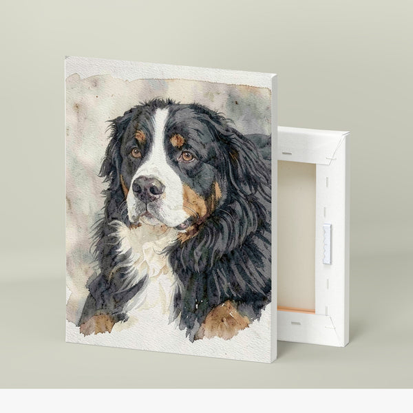 Stretched 8 x 12 in canvas holding a watercolour-style painted portrait of Waffle, our Bernese Mountain Dog