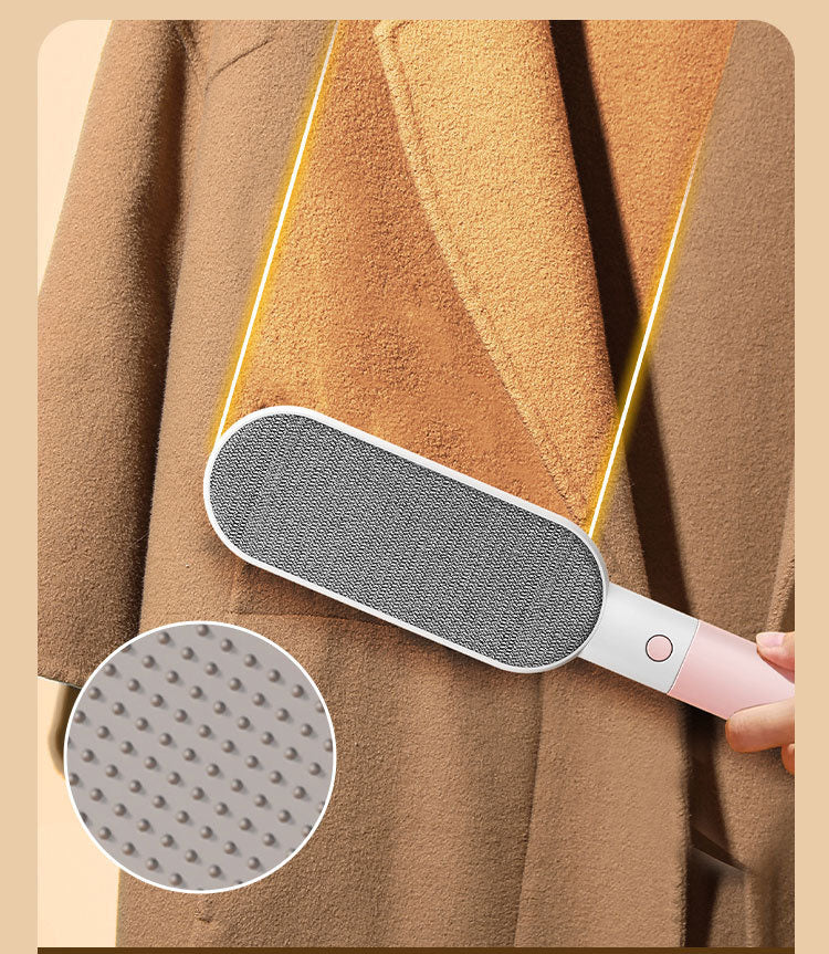 Pink double-sided pet hair remover brush on a camel coat with a close-up of the fabric pad