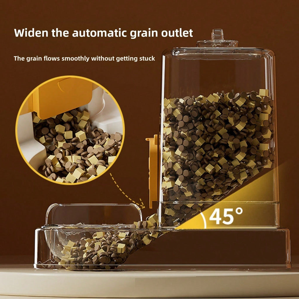 Close-up of the widened food outlet with kibble sliding down the 45-degree chute (supplier illustration)