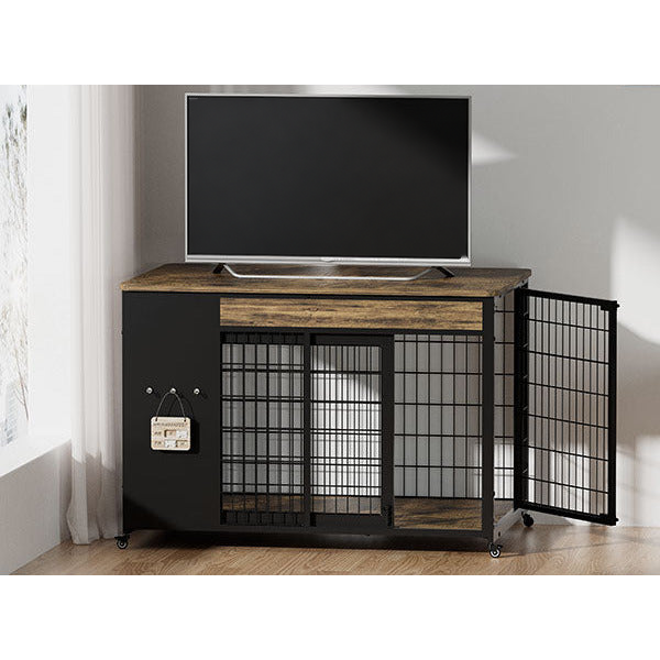 Rustic brown 42 in dog crate TV stand with a flat-screen TV on top, side door open, in a living room