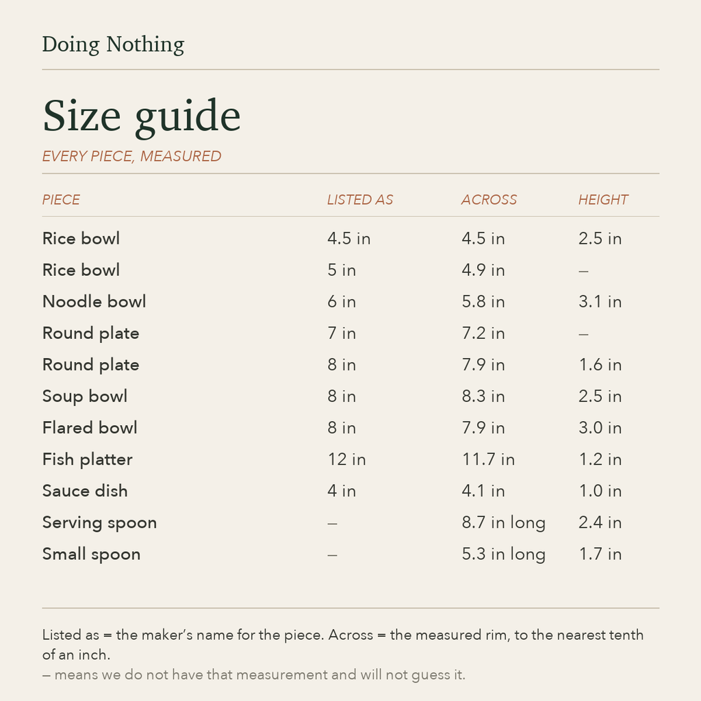 Size guide: rice bowls 4.5 in and 4.9 in across, noodle bowl 5.8 in, round plates 7.2 in and 7.9 in, soup bowl 8.3 in, flared bowl 7.9 in, fish platter 11.7 in, sauce dish 4.1 in, serving spoon 8.7 in long and small spoon 5.3 in long