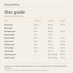 Size guide: rice bowls 4.5 in and 4.9 in across, noodle bowl 5.8 in, round plates 7.2 in and 7.9 in, soup bowl 8.3 in, flared bowl 7.9 in, fish platter 11.7 in, sauce dish 4.1 in, serving spoon 8.7 in long and small spoon 5.3 in long