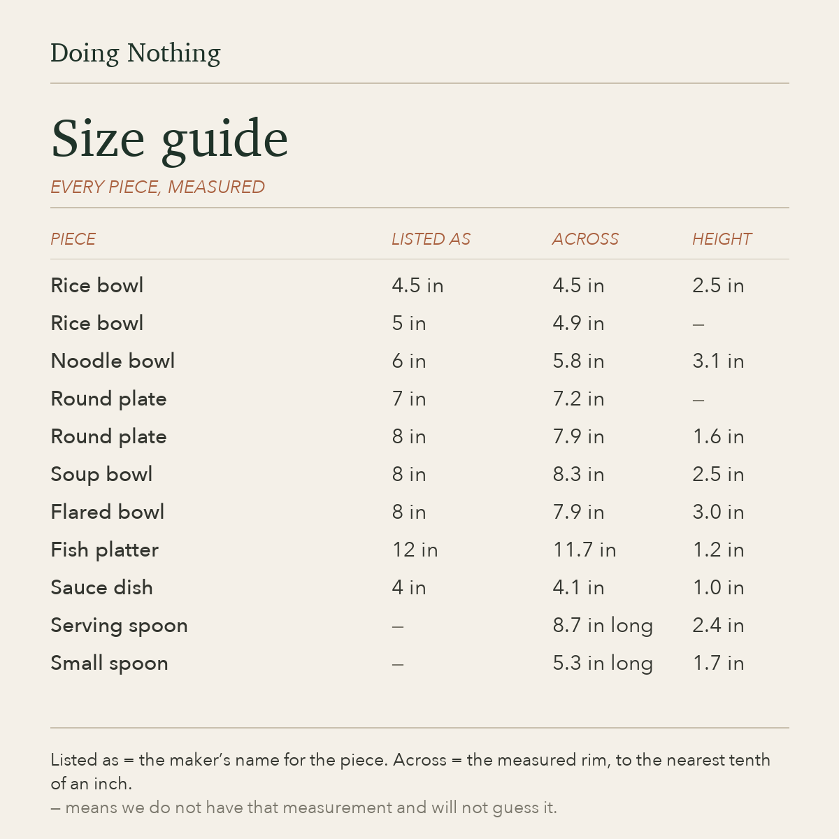 Size guide: rice bowls 4.5 in and 4.9 in across, noodle bowl 5.8 in, round plates 7.2 in and 7.9 in, soup bowl 8.3 in, flared bowl 7.9 in, fish platter 11.7 in, sauce dish 4.1 in, serving spoon 8.7 in long and small spoon 5.3 in long