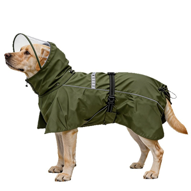 Hooded dog raincoat with reflective strips: worn, white background