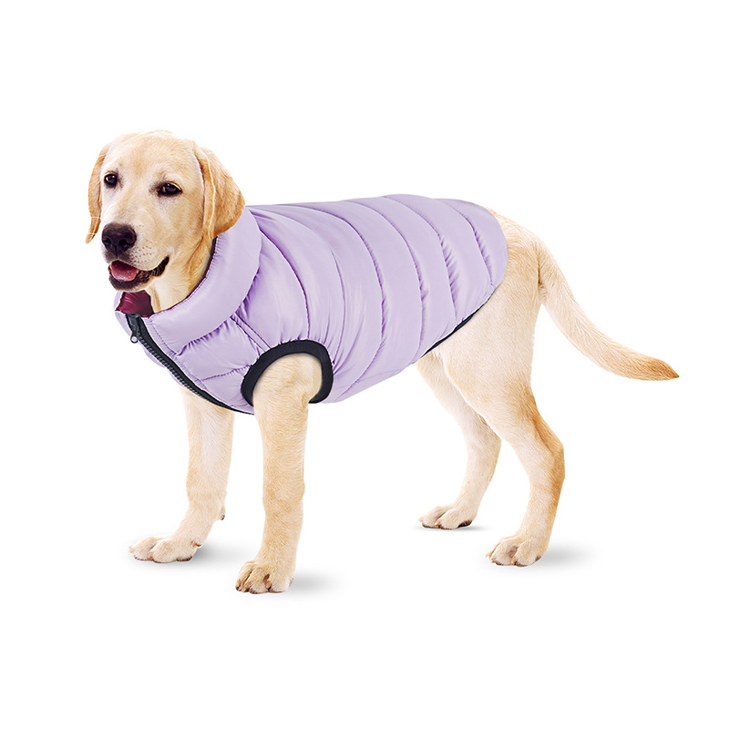 Reversible padded dog vest in light purple: worn, white background