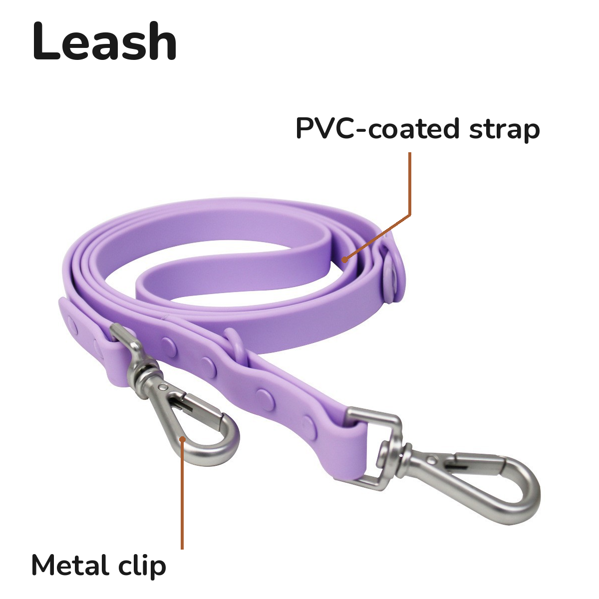 PVC-Coated Dog Collar: leash with metal clip and PVC-coated strap