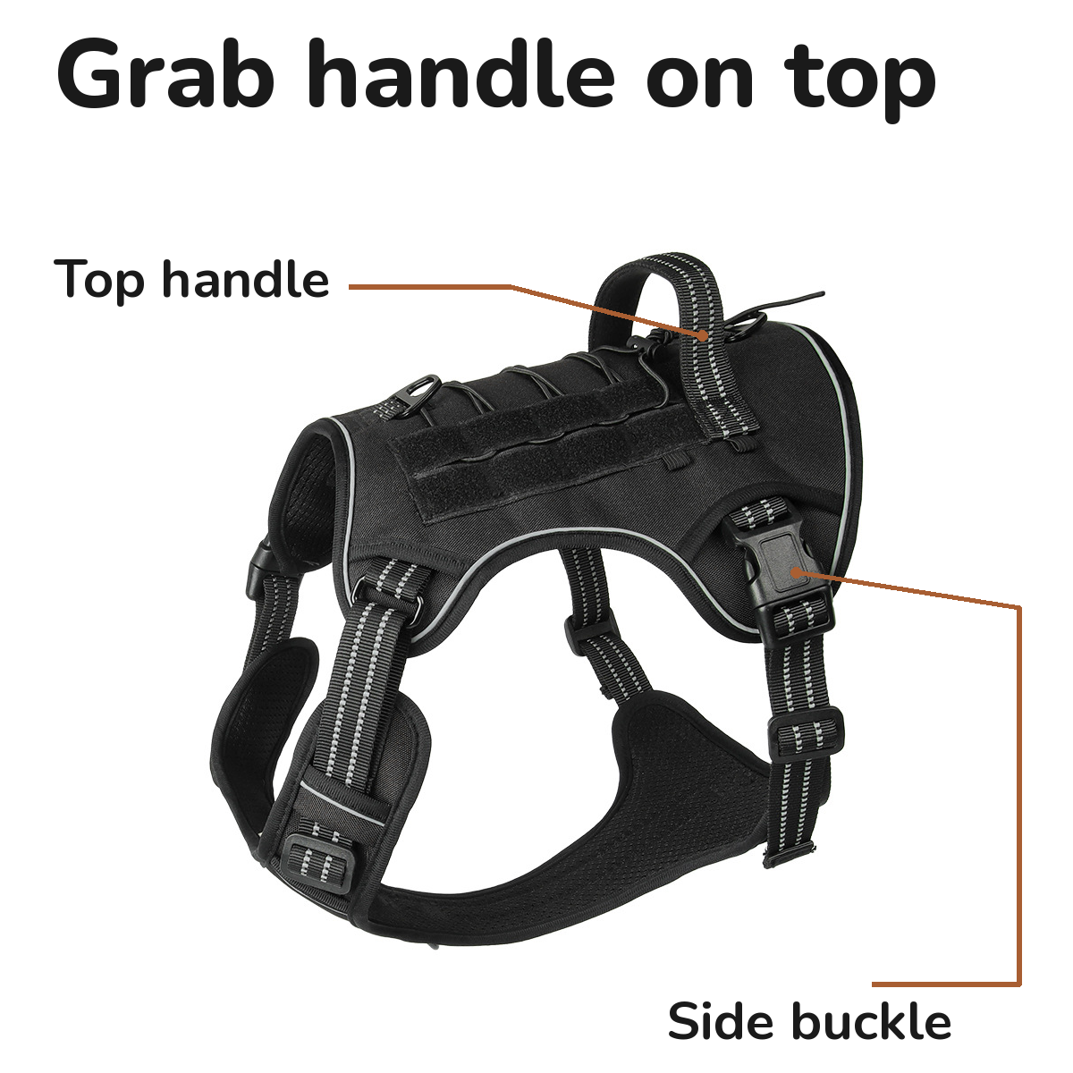 Tactical Dog Harness with Handle and MOLLE Panels: grab handle on top and side buckle
