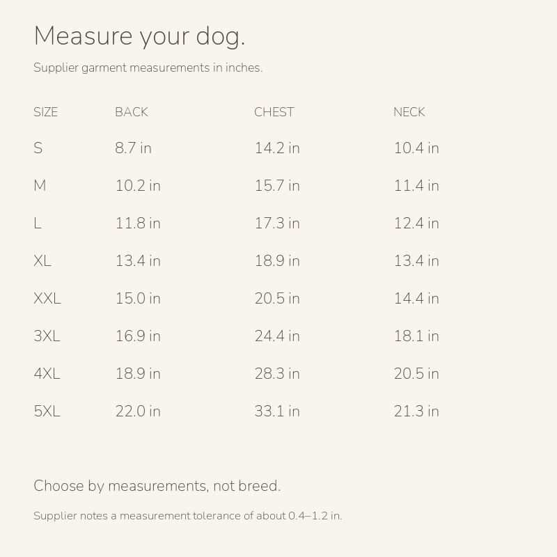 Padded dog vest with built-in harness: size guide
