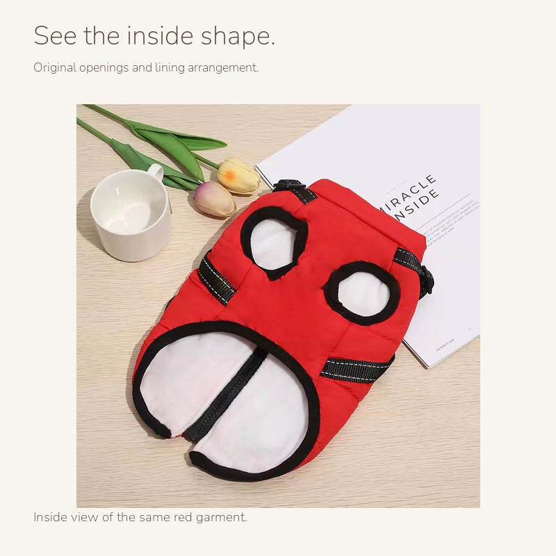 Padded dog vest with built-in harness: inside view