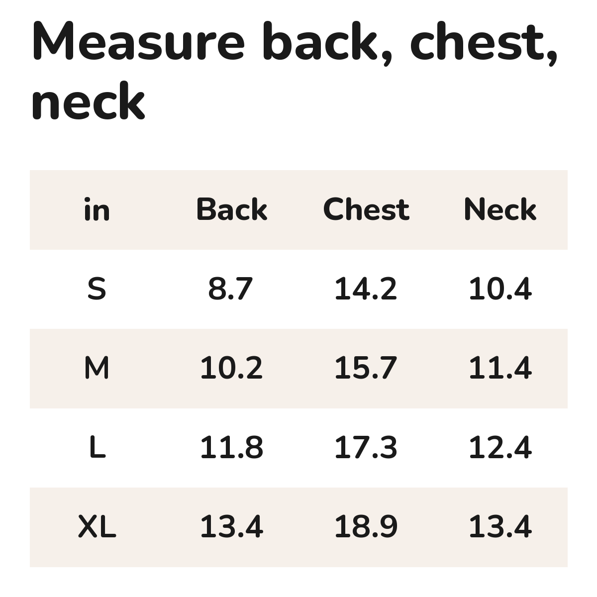 Padded Dog Vest with Built-In Harness: size chart S to XL, back, chest and neck in inches