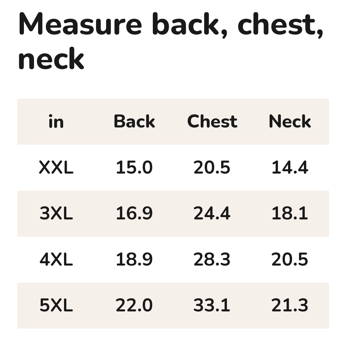 Padded Dog Vest with Built-In Harness: size chart XXL to 5XL, back, chest and neck in inches