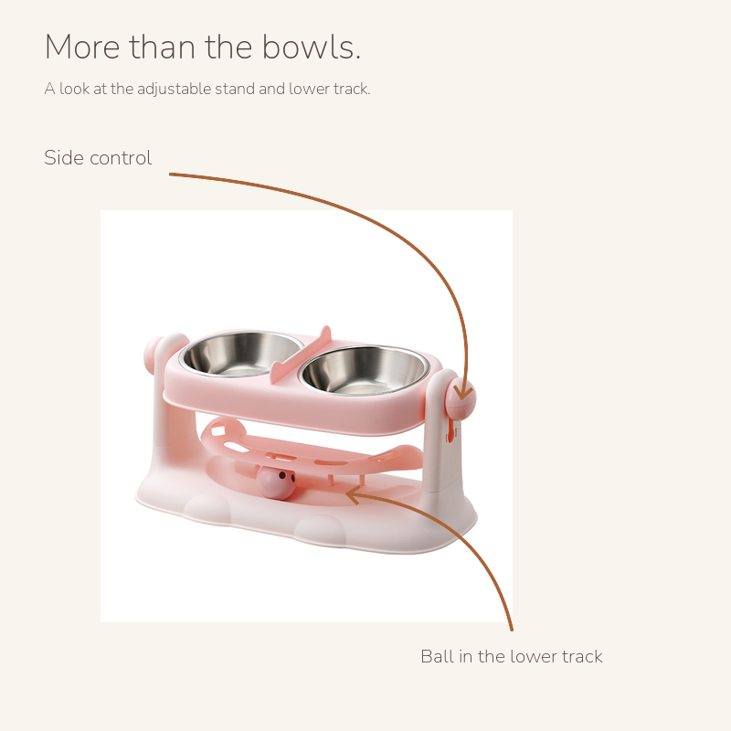 Adjustable height double pet bowl: labelled details