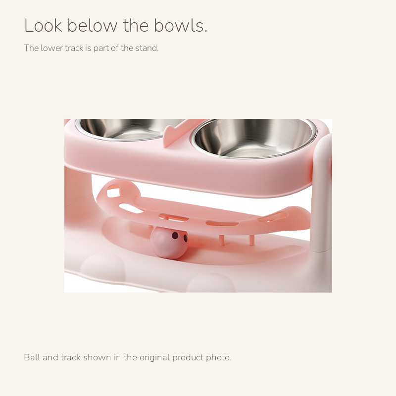 Adjustable height double pet bowl: lower track and ball