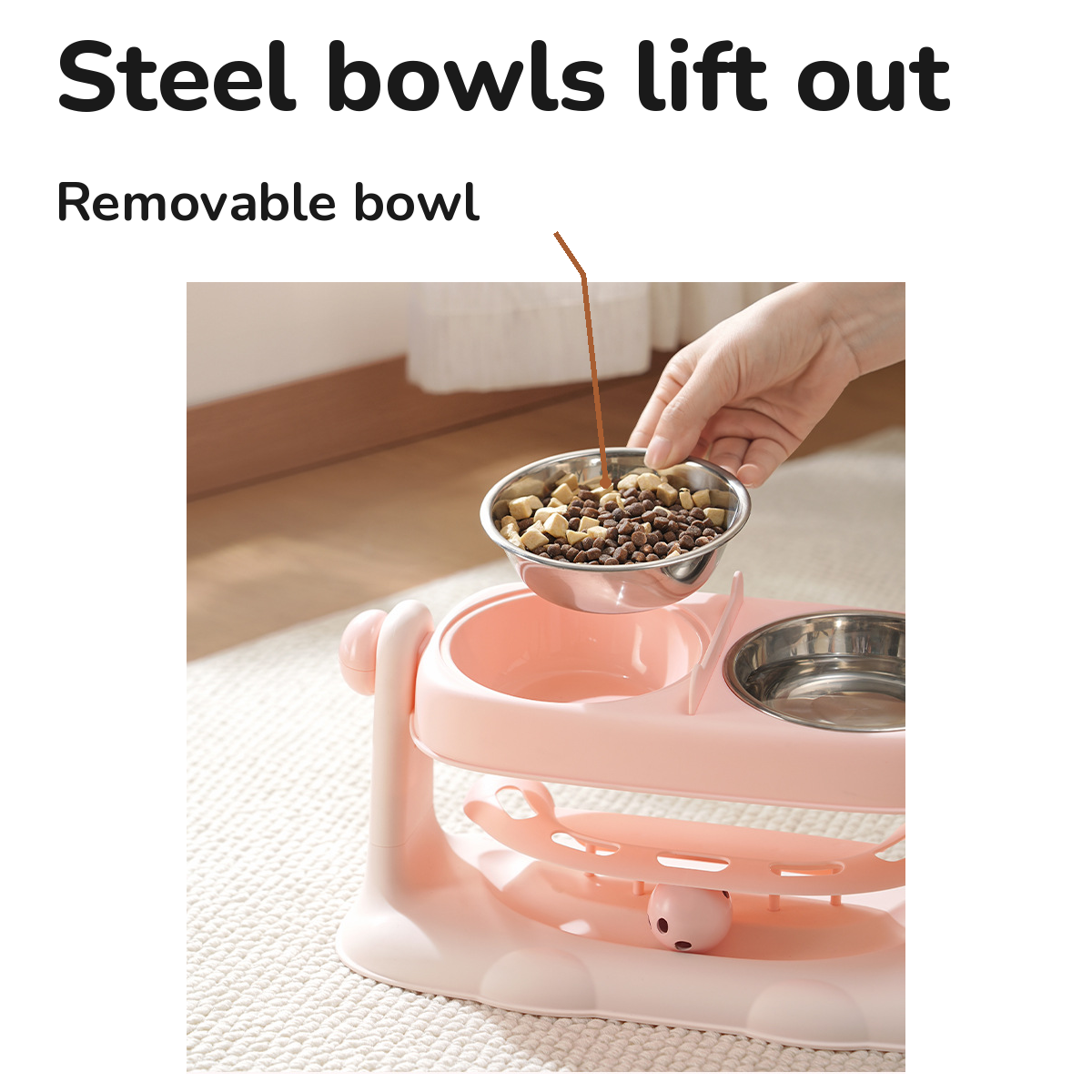 Adjustable Height Double Pet Bowl: steel bowls lift out